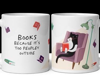 Cat and books mug / Tuxedo cat mug / Black and White cat gift / Tuxedo cat mom gift / Cat lover gift / Funny kitten mug / Cute cat mug