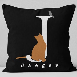 Puede incluir: Almohada negra con una letra J blanca, una silueta de gato y el nombre "Jaeger" impreso en blanco.