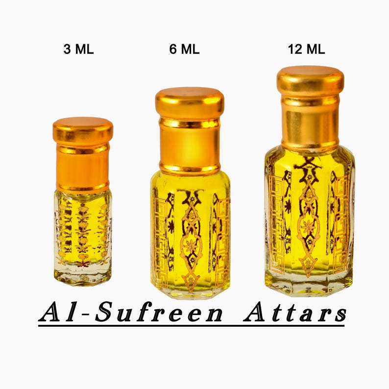 May include: Three glass perfume bottles with gold caps and decorative gold patterns. The bottles are labeled 3 ML, 6 ML, and 12 ML. The text "Al-Sufreen Attars" is printed below the bottles.