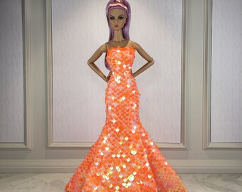 Orange sequin with pink silk dress for Fashion Royalty, Poppy Parker, Silkstone Barbie, 12" Fashion Doll