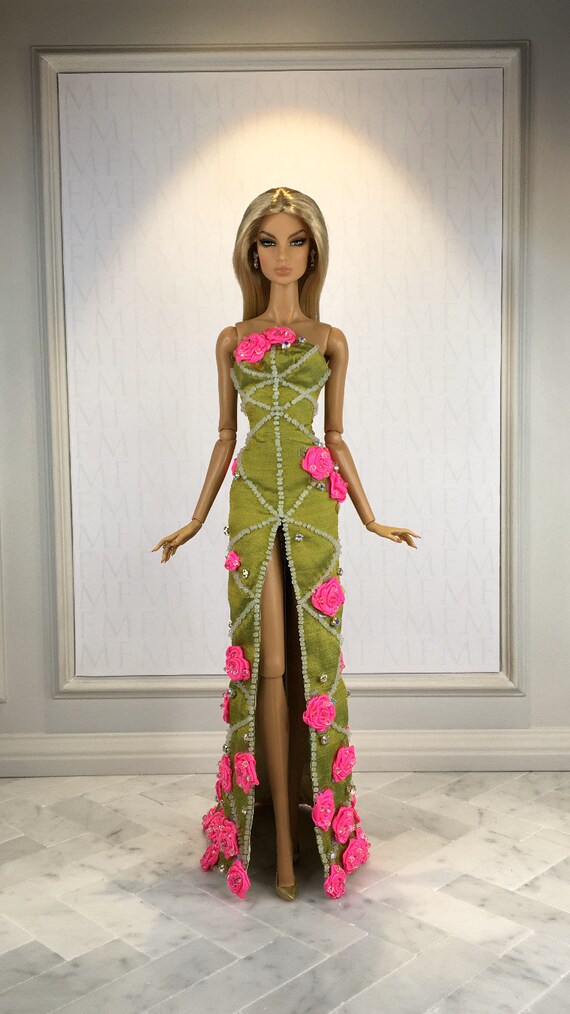 Green Silk With Hot Pink Roses Embellished With Swarovski Crystals,  Diamonties @ Glass Beads Dress for Fashion Royalty, 12" Fashion Doll - Etsy
