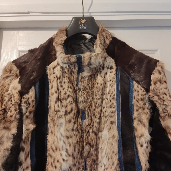 Mens / Unisex Rare Denim and Spotted Real Fur Coat / Jacket Size Small / Medium