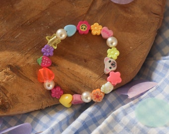 Fancy bracelet in colored pearls and pearl pearls - Multicolored Y2K bracelet with animal pearls, hearts, flowers, stars - Gift