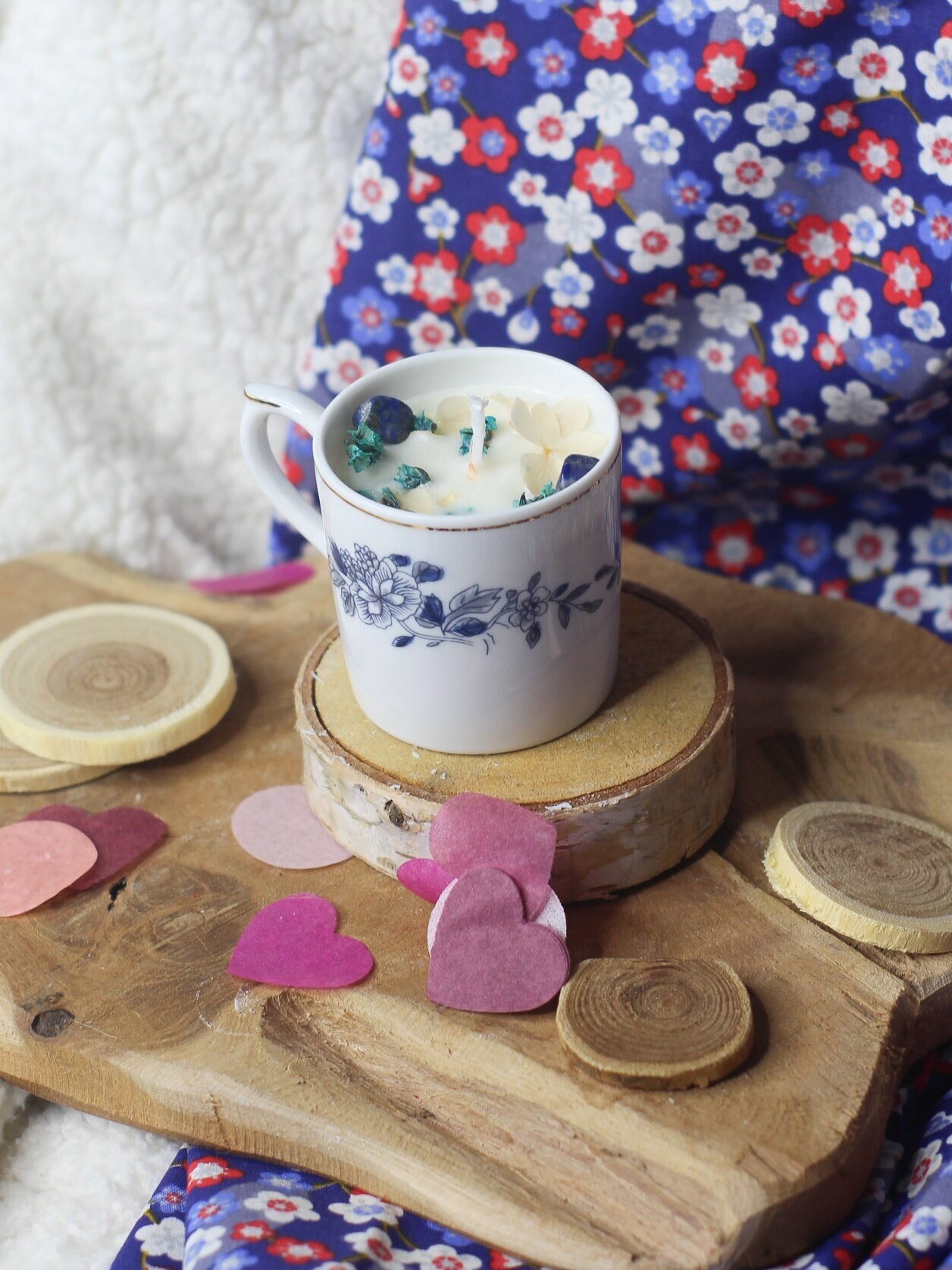 Bougie Tasse Vintage Lithothérapie Lapis-Lazuli et Fleurs Séchées - Cadeau Pour Femme Anti-stress
