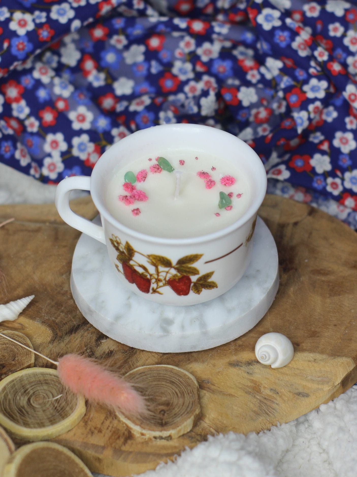 Bougie Lithothérapie Aventurine Dans Tasse Vintage avec Fleurs Séchées - Cadeau Original Pour Femme