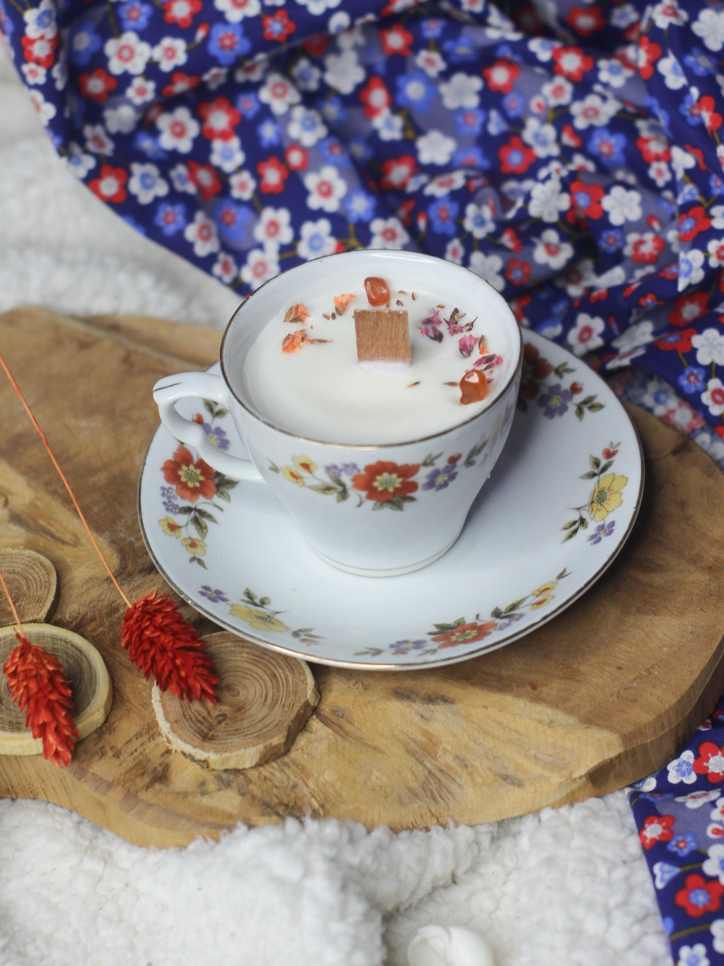 Bougie Tasse Vintage Lithothérapie Agate et Fleurs Séchées - Cadeau Pour Femme Saint-Valentin Calman