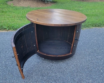 Handcrafted Whiskey Barrel Table: Bourbon Liquor Cabinet