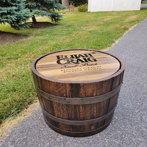Half Whiskey Barrel table with storage, Whiskey Barrel cabinet, Personalize your table with your favorite whiskey logo or your family name.