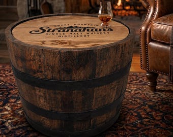 Personalized Whiskey Barrel Side Table With Hidden Storage, Bourbon Barrel End Table With Custom Top, Gift for Dad