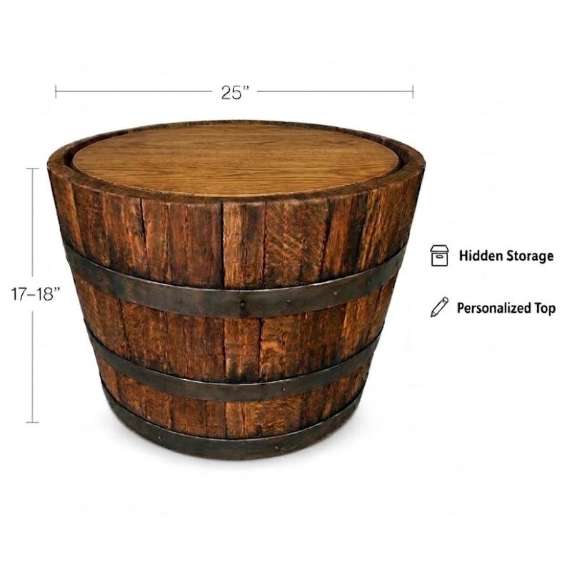 May include: A rustic wooden barrel-shaped coffee table with a flat wooden top. The barrel is made of vertical wooden planks held together by metal bands. The table is 25 inches wide and 17-18 inches tall. Features hidden storage and a personalized top.