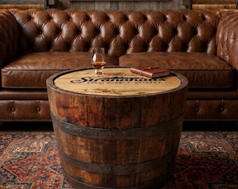 Custom Barrel Coffee Table with Storage, Personalized Top, Whiskey Man Cave Gift for Husband
