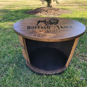 Whiskey barrel Table,  Liquor Cabinet. We personalize your table top with your favorite logo.