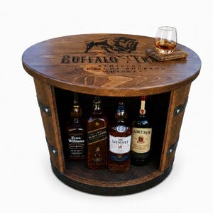 Personalized Whiskey Barrel Table: Bourbon Liquor Cabinet