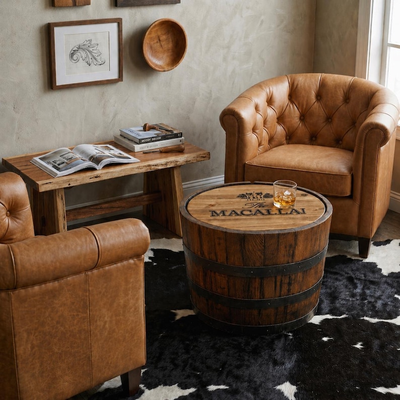May include: A living room scene featuring a brown leather armchair and a matching barrel-shaped coffee table. The table has the text "The Macallai" on top. A wooden bench and a cowhide rug complete the cozy setting.