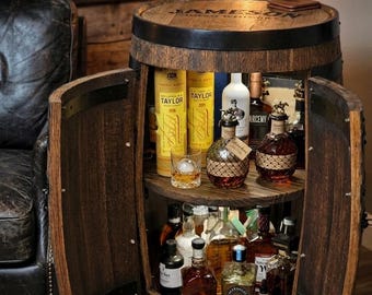 Reclaimed Oak Whiskey Barrel Liquor Cabinet, Rustic Man Cave Bar Furniture, Custom Top