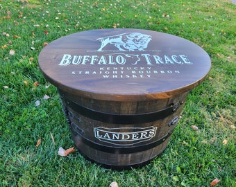 Custom whiskey barrel  table, liquor cabinet.