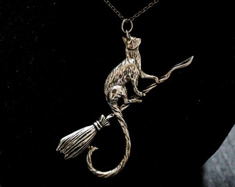 Cat on a broomstick, Witches&#39; Familiars silver plated pendant