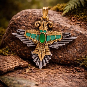 May include: A gold, silver, and green pendant necklace with an avian design. The pendant features a central green stone and is set against a natural, mossy background. The necklace is a unique piece of jewelry.