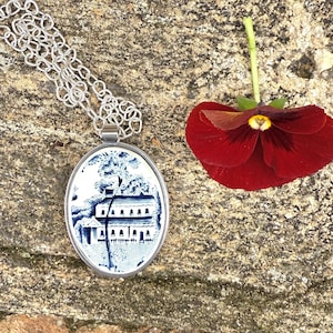 Oversized pendant with vintage fine china, blue flowers, recycled, repurposed porcelain from broken dishes, original, unique gift for woman