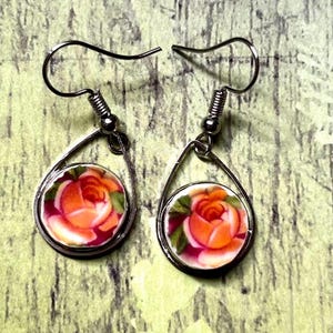 Royal Albert China Dangle Earrings: Upcycled Floral Jewelry;orange roses earrings from vintage broken china, delicate, original, unique gift