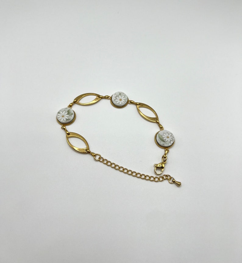 Unique Edelweiss Flowers Gold Bracelet From Limoges China, Upcycled