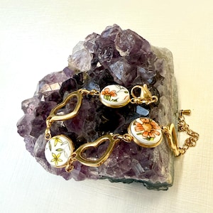Hearts love bracelet from Corelle china with wild flowers, adjustable length from broken porcelain, upcycled jewelry, Valentine&#39;s Day