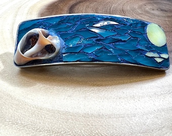 Hair Clip, French Barrette ocean, sun, seaside scene, shell, great gift for her, long thick hair accessory, colorful wearable art, artsy