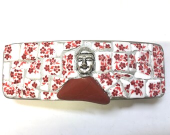 Mosaic Hair Barrette: Cherry Tree Porcelain, Buddha Charm, Stainless Steel