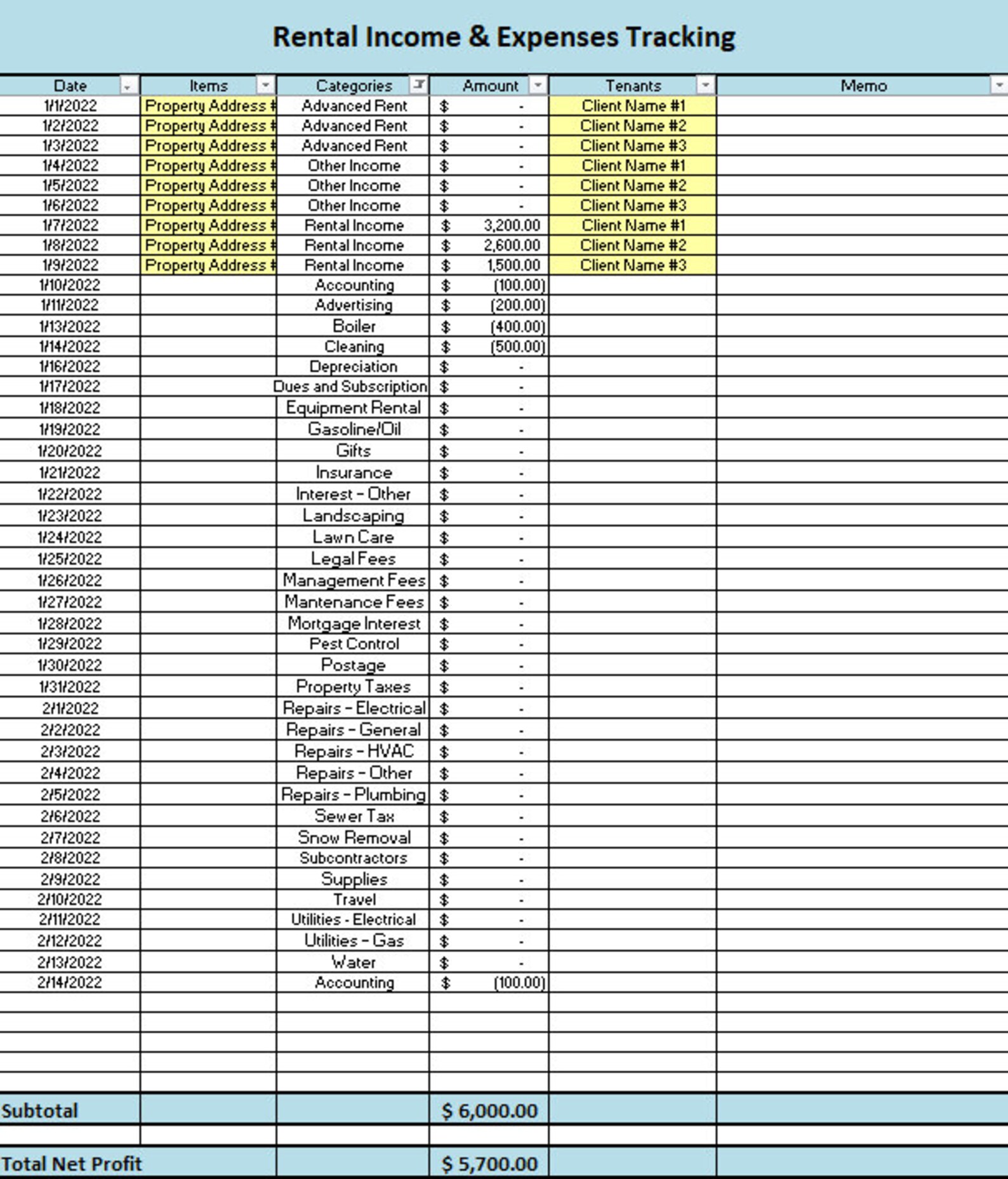 Rental Bookkeeping Spreadsheet | Income and Expense Tracker | Rental ...