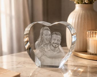 Custom 3D Photo Crystal Glass, Wedding Gift, 4K Full HD Photo Glass,  Gift for New Couple, 3D Photo Heart Shape, Memorial Gift
