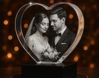 Custom 3D Photo Crystal Glass, Wedding Gift, 4K Full HD Photo Glass,  Gift for New Couple, 3D Photo Heart Shape, Memorial Gift