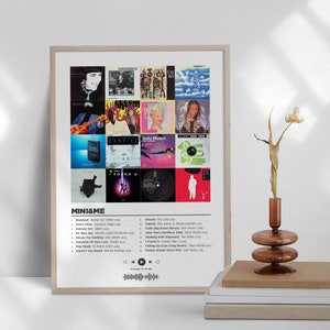 May include: A framed print of a music playlist featuring album covers and song titles. The playlist is titled "MINI & ME" and includes songs such as "Seeing Star", "Sunny Day", "Golden Brown", and "One More Time".