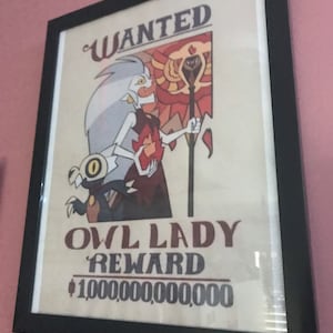 May include: Framed poster featuring a stylized illustration of the Owl Lady from the animated series. The poster reads "WANTED" at the top, with "OWL LADY REWARD" and a large dollar amount below. The artwork is in a black frame.