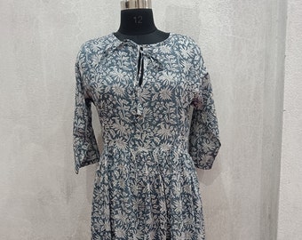 Gray Flower Cotton Long Gather Dress Bottom Small Panel & Matching Tote Bag Victorian Dress Floral Hand Block Print Cotton. Size S,M,L,XL