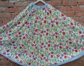 Long Multi Color Indian Famous Skirt Which Made By Adding 32 Buds Free Size Hand Block Print Soft Fabric, No Elastic Only Drawstring Slogan