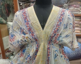 White Color Full Kaftan Hand Block print Cotton Kaftan,Women Dress Long Kaftan, Beach Drees Maxi Dress Calf Length , 36 inch , 92 cm