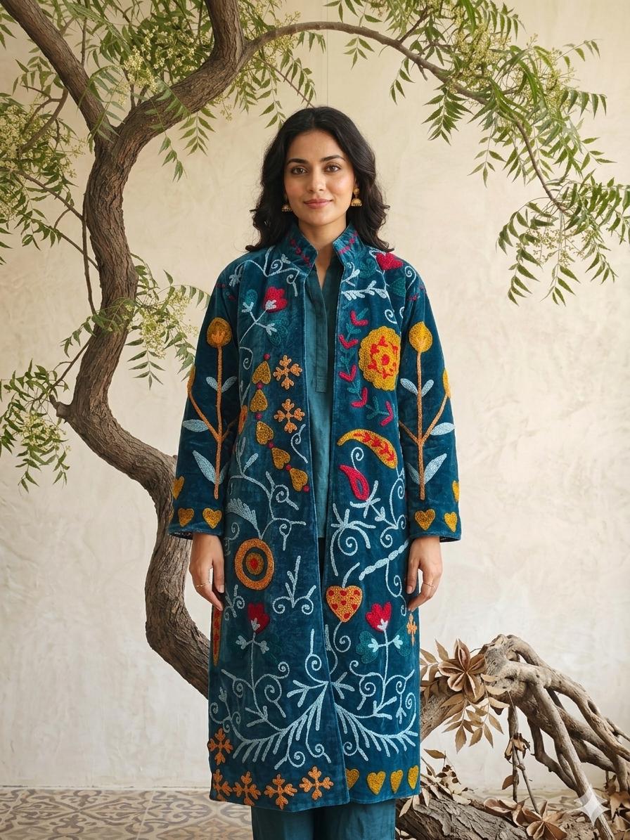 Handmade Suzani Velvet Jacket - Boho Embroidered Long Coat for