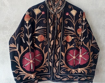 Handmade Black Velvet Suzani Jacket: Embroidered Boho Coat