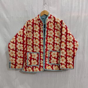 Handmade Indian Cotton Jacket: Red Floral Print, Stripe Piping