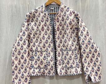 Giacca trapuntata reversibile in cotone: cappotto corto a righe in stile boho, realizzato a mano.