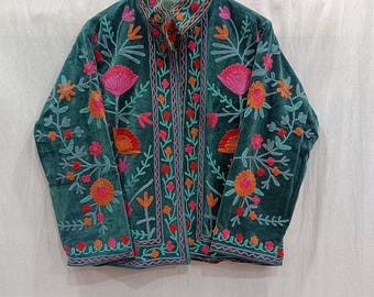 Velvet Suzani Hand Embroidered Jacket: Reversible Floral Coat