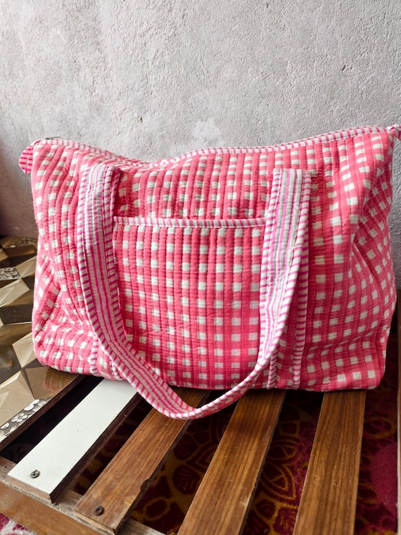 Pink Floral Quilted Cotton Duffle Bag: Handmade Weekend Travel Bag