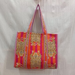 Tiger Print Tote Gesteppte Baumwolltasche Frauen Einkaufstasche Ethnic Baho Hippie Schulter Markt Täglicher Gebrauch Tragetasche