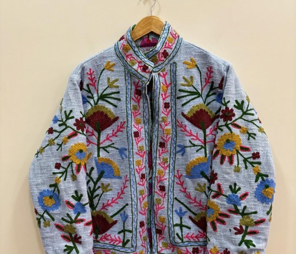 手作りのインド製スジャニジャケット｜花柄刺繍入りリバーシブル