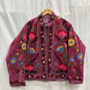 Pink Velvet Suzani Jacket: Handmade Floral Embroidered Boho Coat