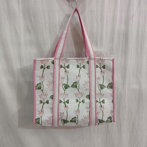 Floral Print Cotton Tote Bag: Indian Quilted Kalamkari Handbag
