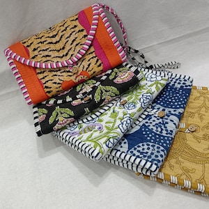 Tiger Design Hand Block Print Wallet - Artisanal Fabric Coin Purse. Colorful Hand Block Print Wallet - Handmade Vegan Leather Organizer
