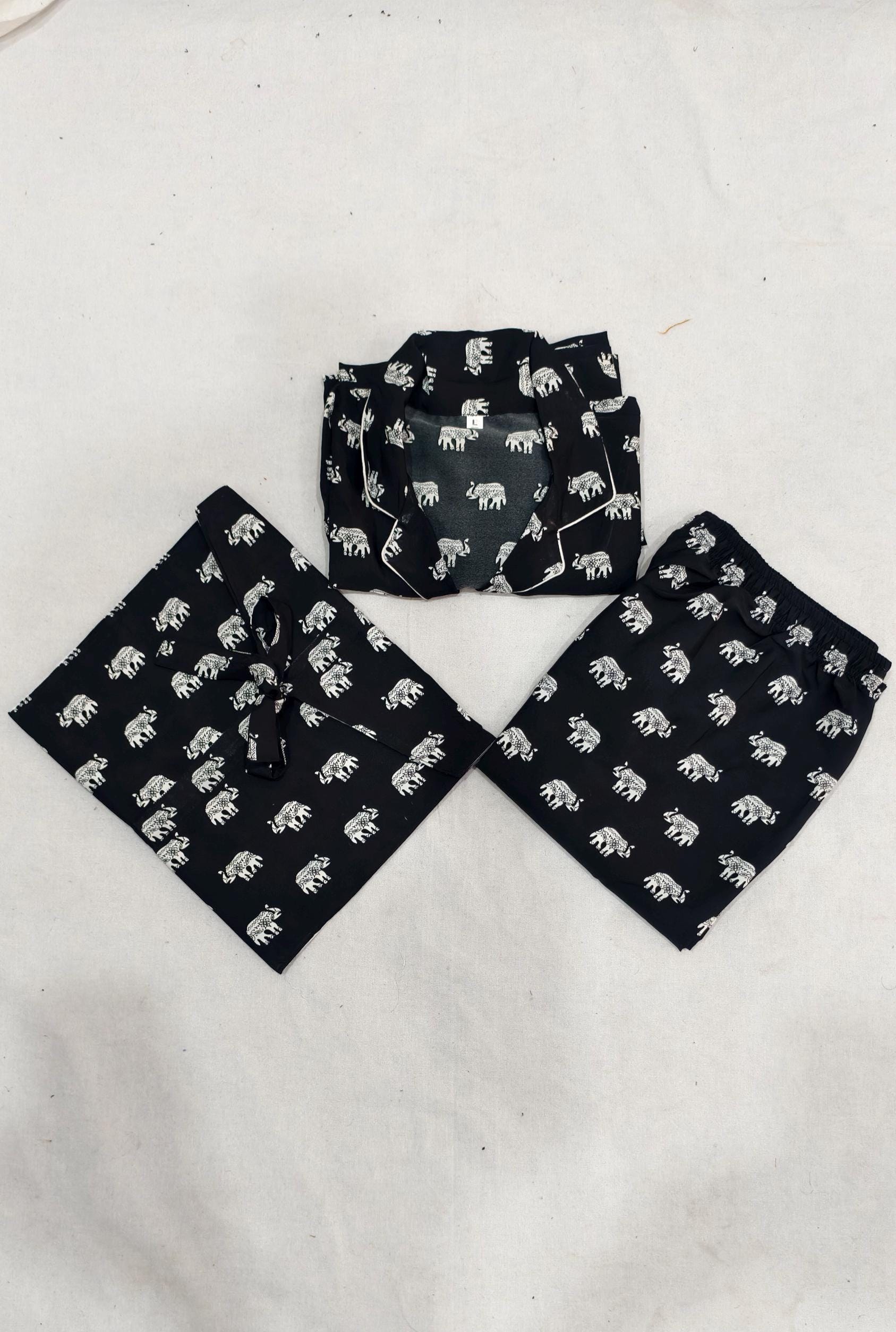 Black Elephant Crepe Silk Pajama Set: Hand Block Print Loungewear,