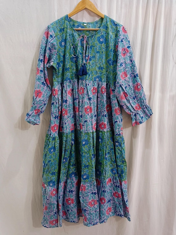 Handmade Floral Block Print Cotton Dress: Indian Tassel Tie