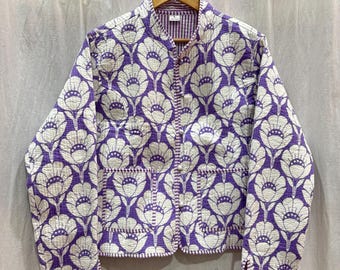 Giacca trapuntata in cotone fatta a mano: cappotto boho reversibile con stampa floreale